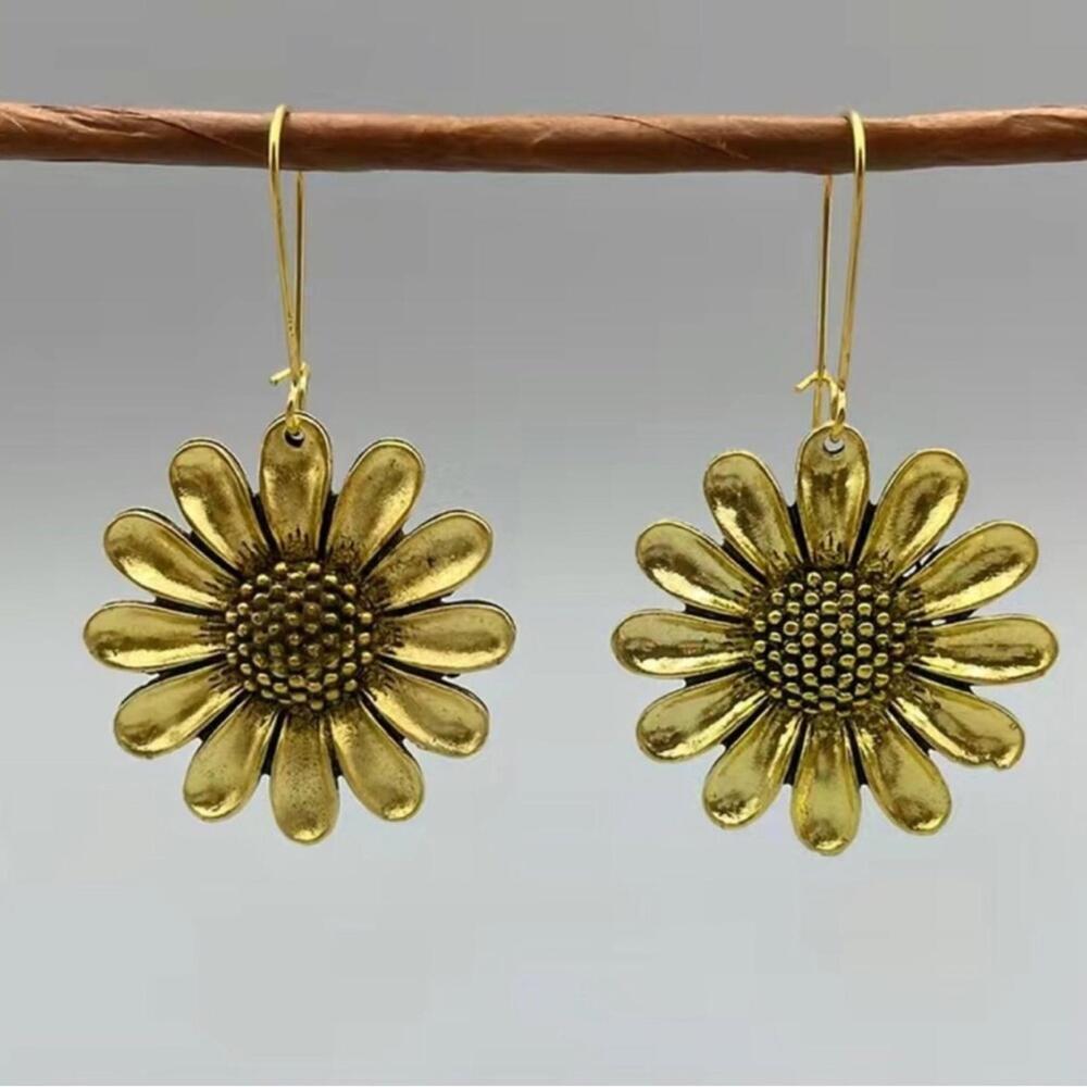 Gold Sunflower Gold Dangle Earrings Antiqued